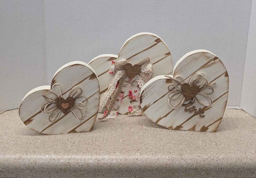 Rustic Heart Collection Rustic Wooden Heart Decor Set of 3 | Farmhouse Shelf Sitter Neutral ...