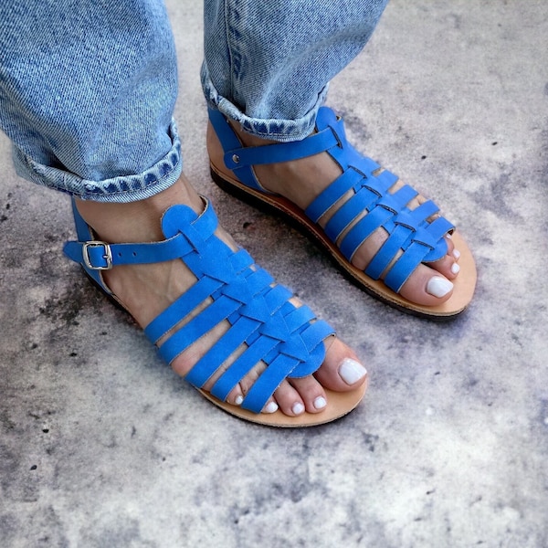 Greek sandals for women, Blue suede leather sandals, ancient sandals, summer shoes, summer women gift, made from Greece