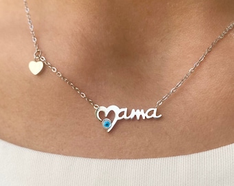 Mama necklace, evil eye, dainty thin mother necklace, gift for mom, day mom, silver and gold, eye evil, necklace with heart, love mother