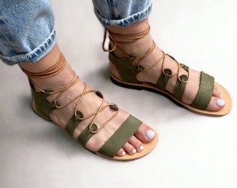 Gladiator sandals Women sandals With cord Green sandals Made in Greece Summer gift for women Suede sandals