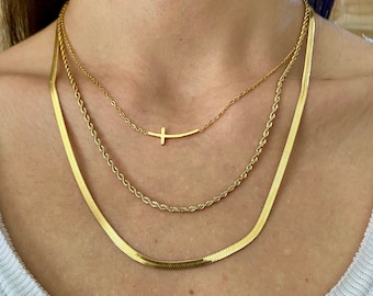 Snake gold chain, gold cross, herringbone necklace, multi strand necklace, summer necklace for women, made in greece