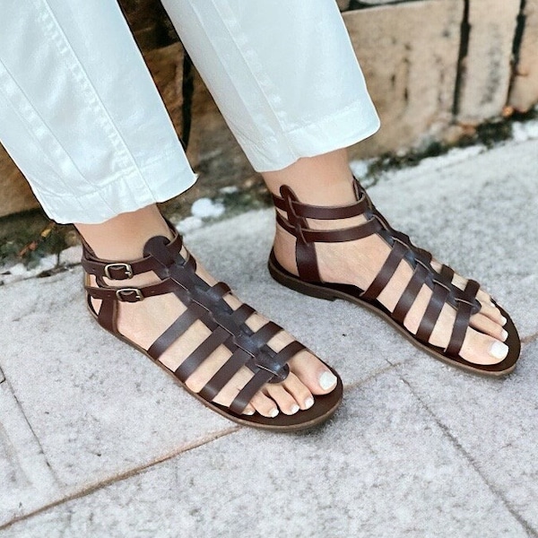Sandales gladiateur en cuir femmes, sandales grecques, sandales femmes, sandales en cuir, sandales faites main, sandales gladiateur marron, été
