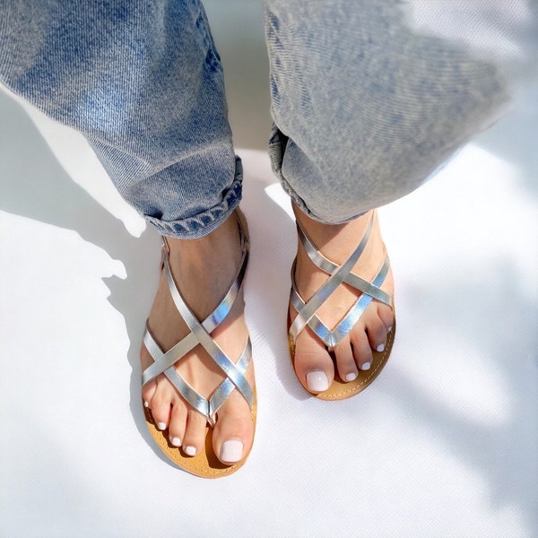 Silver sandals women Leather sandals Made in Greece Strap sandals Slingback sandals Gift for Women