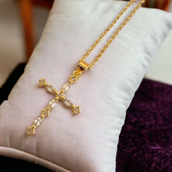 Gold cross for women Cz diamond cross necklace for women, modern cross necklace, Gold chain, delicate cross necklace, religious gift for her