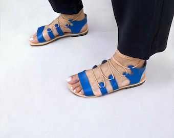 Gladiator sandals from genuine cow leather from Greece Women summer shoes Ancient sandals Blue sandals