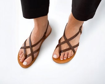 Sandales pour femme, Sandales marron foncé, Sandales grecques, Sandales à lanières, Sandales aux pieds nus, Fabriquées en Grèce