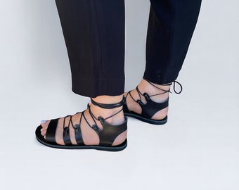 Black gladiator sandals for women from genuine leather Greek leather sandals Gift for her Summer leather shoes