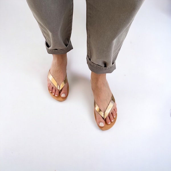 Flip flop handmade women's sandal in 4 great colors, made in Greece, comfortable and elegant, rose gold sandals