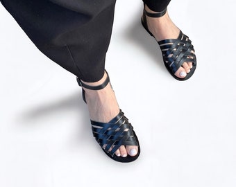 Black leather sandals for women Full genuine leather sole