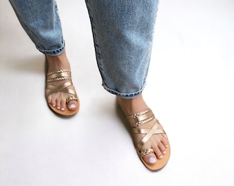 Rose gold sandals for women Leather shoes Wedding sandals Toe sandals Slides leather sandals Made in Greece