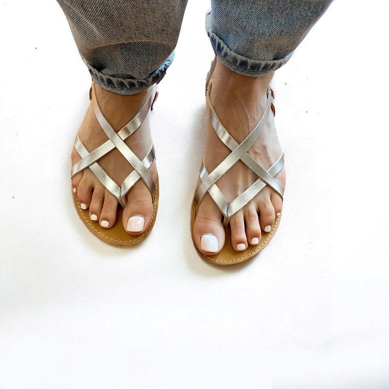 Silberne Sandalen Damen Ledersandalen Made in Griechenland Riemensandalen Slingback-Sandalen Geschenk für Frauen Bild 4
