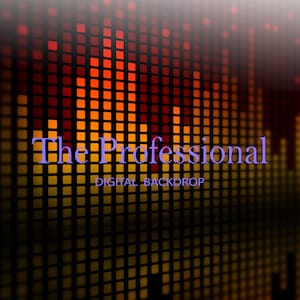 Puede incluir: Fondo digital con un diseño de onda de sonido. El fondo presenta una cuadrícula de cuadrados naranjas, rojos y amarillos, con el texto "The Professional DIGITAL BACKDROP" en morado.