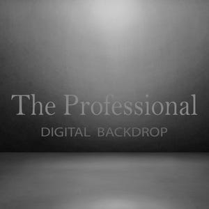Peut inclure: Un fond numérique avec un dégradé de gris foncé. Le texte "The Professional" est affiché en police gris clair, avec "DIGITAL BACKDROP" en dessous. Le fond a une apparence de studio.