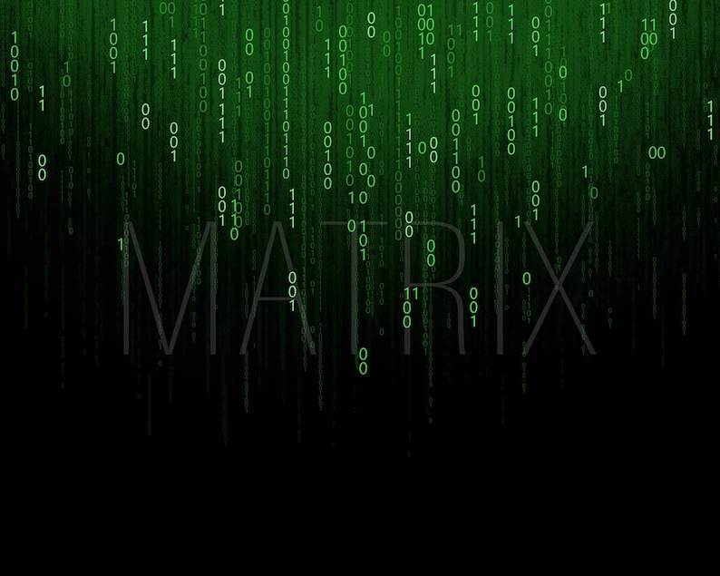 Pode incluir: Arte digital com fundo preto e c&oacute;digo bin&aacute;rio verde em cascata. A palavra "MATRIX" &eacute; exibida em uma fonte estilizada no centro, evocando tecnologia e fic&ccedil;&atilde;o cient&iacute;fica.