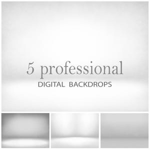 以下が含まれることがあります： 白の背景にグレーの文字で「5 professional DIGITAL BACKDROPS」と書かれたデジタル画像。画像には、背景の3つの例も含まれています。