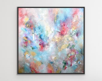Einzigartiges, farbenfrohes abstraktes Acrylgemälde mit Textur, sanften Rosa- und Blautönen und goldenen Details „Break free“ 60x60 cm