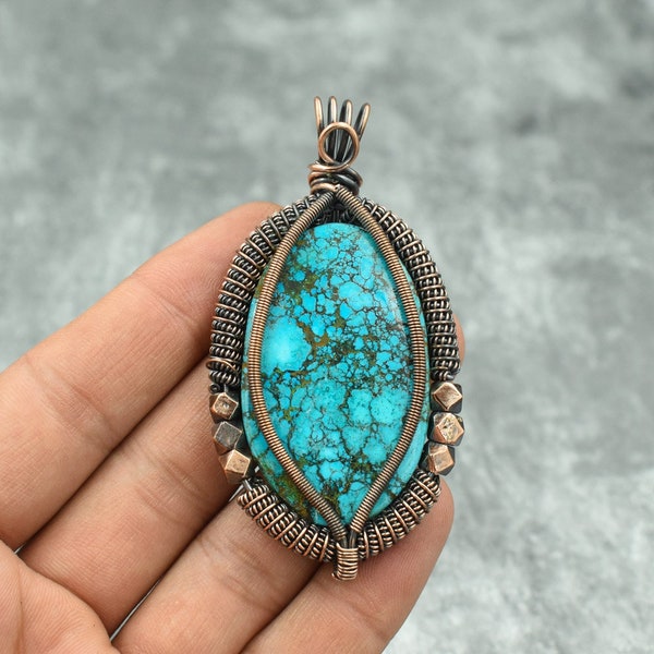 Tibetan Turquoise Pendant Turquoise Jewelry Turquoise Copper Wire Wrapped Pendant Copper Necklace Turquoise Handmade Pendant