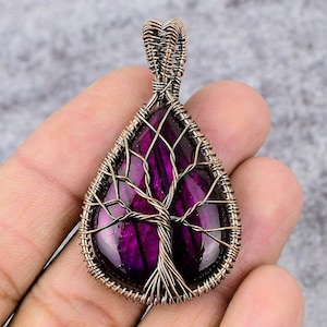 Bellissimo ciondolo in labradorite rosa fuoco, ciondolo con albero della vita avvolto in filo di rame, gioielli di design fatti a mano con pietre preziose naturali, regali per lei
