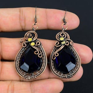 Blue Sapphire Earrings Copper Wire Wrapped Earrings Gemstone Earrings Copper Jewelry Handmade Jewelry Dangle Earrings, Birthday Gift For Her