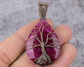 Tree Of Life Kashmir Red Ruby Gemstone Pendant Copper Wire Wrapped Pendant Ruby Pendant Copper Jewelry Handmade Pendant Gift For Her Mother