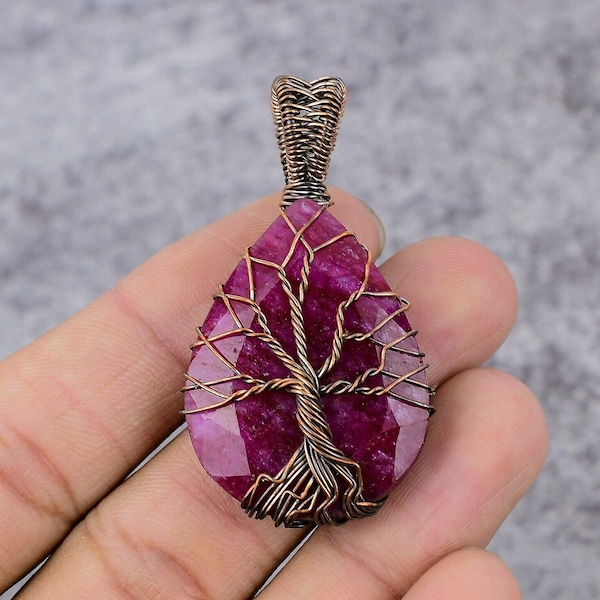 Arbre de vie Cachemire rouge rubis pierres précieuses pendentif fil de cuivre enveloppé pendentif rubis pendentif cuivre bijoux fait main pendentif cadeau pour sa mère