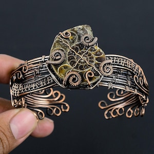 Ammonite Fossil Bracelet, Natural Ammonite Fossil Solid Copper Wire Wrapped Bangle, Handmade Jewelry Adjustable Bracelet For Christmas Gifts image 1