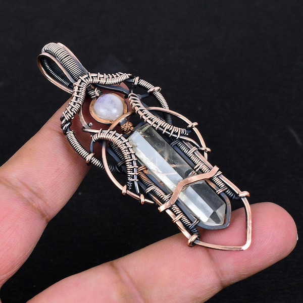 Clear Quartz Healing Crystal Pendant, Copper Wire Wrapped Pendant Natural Clear Quartz Point With Moonstone Handmade Oxidize Healing Jewelry