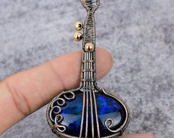 Blue Labradorite Guitar Pendant, Copper Wire Wrapped Pendant, Blue Labradorite Gemstone Unique Design Handmade Jewelry Necklace Gift For Her