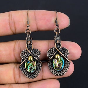 Abalone Shell Earrings Copper Wire Wrapped Earrings Garnet Gemstone Earrings Handmade Jewelry Dangle Earrings Birthday & Anniversary Gifts