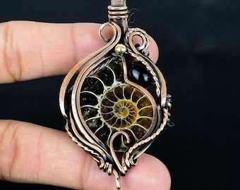 Ammonite Fossil, Black Onyx Gemstone Copper Wire Wrapped Pendant, Natural Fossil Designer Pendant Gift For Wife & Mom, Unique Holiday Gifts