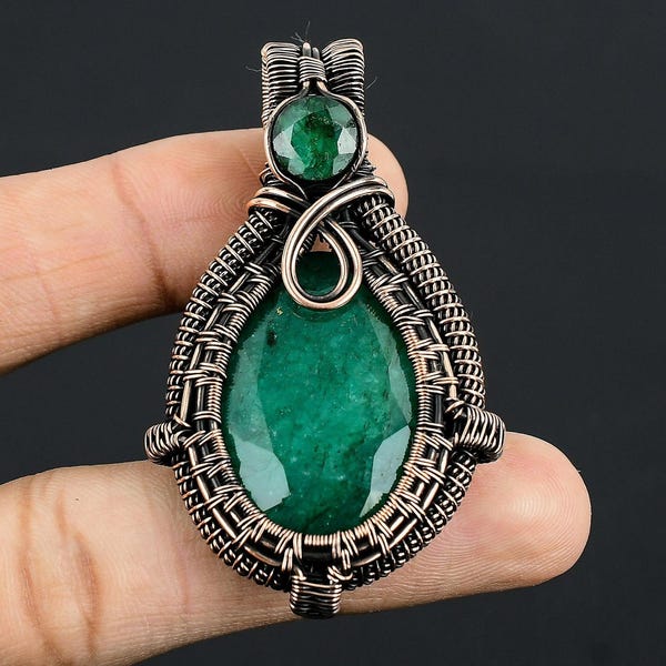Emerald Pendant Copper Wire Wrapped Pendant Emerald Gemstone Pendant Necklace Handmade Jewelry Emerald Jewelry Christmas Gifts for Women