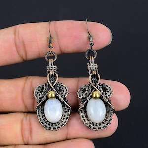 Moonstone Earrings Copper Wire Wrapped Earrings Garnet Gemstone Earrings Handmade Jewelry Dangle Earrings Gifts For Wife, Gift For Mom