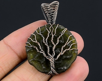 Pingente de Moldavita Árvore da Vida, Pingente de Fio de Cobre Envolto em Pedra Preciosa de Moldavita, Joia de Cobre, Joia de Moldavita, Pingente Feito à Mão para Colar