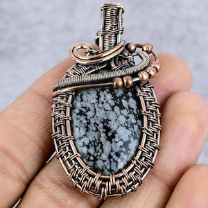Obsidian Pendant, Natural Snowflake Obsidian Copper Wire Wrap Pendant, Obsidian Crystal Handmade Jewelry Necklace For Wedding & Anniversary