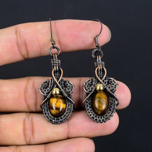 Tiger Eye Earrings, Copper Wire Wrapped Earrings, Tiger Eye Stone Earrings Handmade Jewelry Drop & Dangle Earrings Jewelry Christmas Gifts