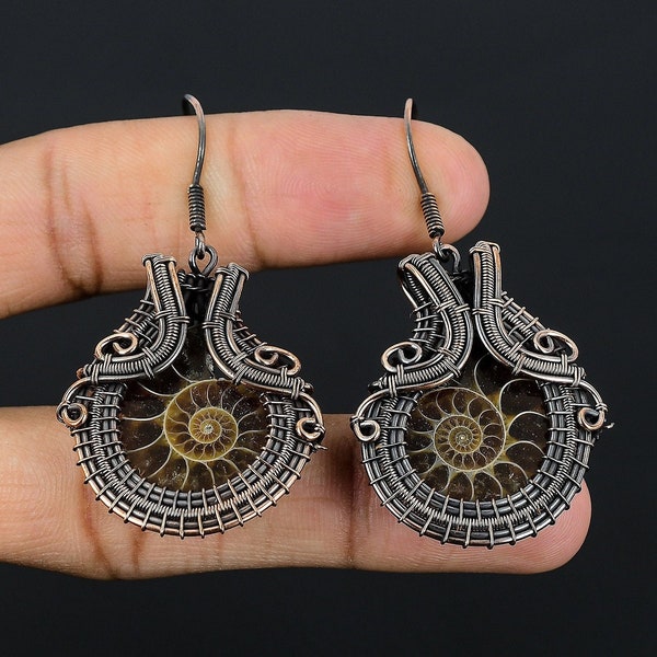 Ammonit Fossil Kupfer Ohrring Kupferdraht gewickelt Ohrring Edelstein Kupfer Schmuck handgemachtes Ohrring Geschenk für Mama Ammonit Fossil Schmuck