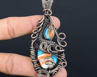 Spiny Oyster Turquoise Pendant, Copper Wire Wrapped Pendant Oxidize Jewelry, Orange Spiny Oyster Turquoise Designer Jewelry Handmade Gifts