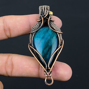 Labradorite Pendant, Neon Blue Flash Labradorite Gemstone Pendant, Copper Wire Wrapped Pendant Handmade Jewelry Gift For Birthday & Wedding