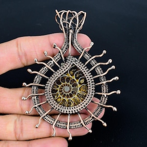 Ammonite Pendant, Natural Ammonite Fossil Copper Wire Wrapped Pendant, Oxidized Copper Designer Pendant, Rare Ammonite Jewelry Gift For Her