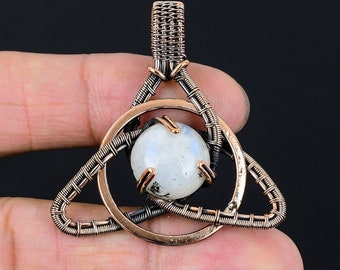 Moonstone Celtic Family Knot Gemstone Pendant, Copper Wire Wrapped Pendant Rainbow Moonstone Handmade Chain Pendant Jewelry Gift For Him/Her