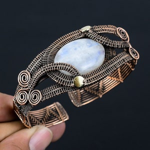 Rainbow Moonstone Bracelet Moonstone Bangle Copper Wire Wrapped Cuff Bangle Wire Wrapped Jewelry Handmade Jewelry Adjustable Bracelet Gift