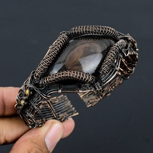 Pulseira de olho de obsidiana, pulseira de punho enrolada em fio de cobre puro, pulseira de obsidiana natural, pulseira de punho ajustável, joias artesanais para ela/ele