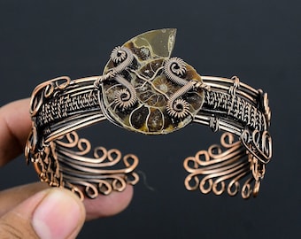 Ammonite Fossil Cuff Bangle, Natural Ammonite Fossil Bangle Adjustable Bangle, Copper Wire Wrapped Jewelry Handmade Jewelry Gift For Her/Him