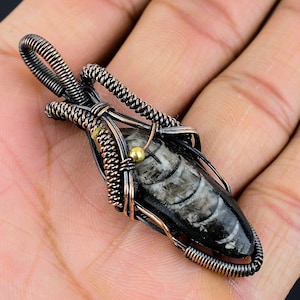 Natural Orthoceras Fossil Gemstone Copper Pendant Pure Copper Wire Wrapped Pendant Orthoceras Fossil Chain Pendant Boho Jewelry Gift For Her