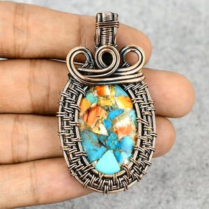 Pingente de ostra espinhosa, pingente de fio de cobre turquesa natural com ostra espinhosa laranja, joia artesanal para presente para ela