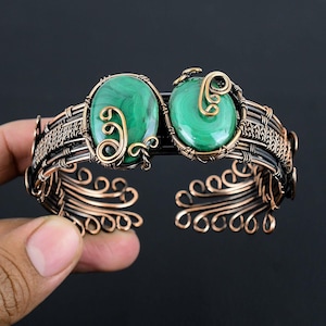 Natural Malachite Copper Cuff Bracelet Malachite Bracelet Copper Wire Wrapped Cuff Bracelet Handmade Jewelry Gemstone Jewelry Wedding Gifts
