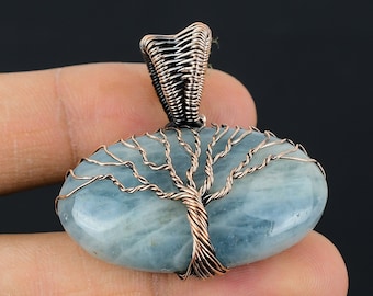 Double Tree Of Life Aquamarine Pendant Copper Wire Wrapped Pendant Aquamarine Gemstone Pendant Copper Jewelry Handmade Aquamarine Jewelry
