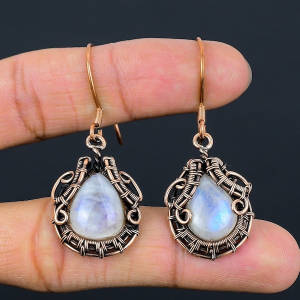 Rainbow Moonstone Copper Earrings Copper Wire Wrapped Gemstone Earrings Copper Jewelry Dangle Earrings For Gift For Her Moonstone Jewelry
