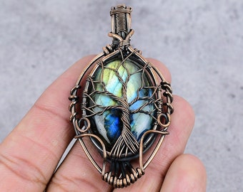 Pendentif arbre de vie labradorite fil de cuivre enroulé pendentif pierres précieuses pendentif en cuivre pur cadeau pour elle cadeau d'anniversaire collier labradorite