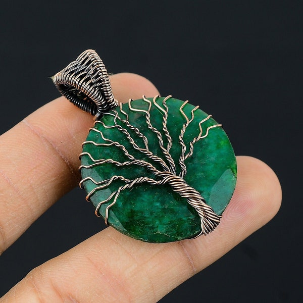 Tree Of Life Emerald Pendant Gemstone Copper Wire Wrapped Pendant Copper Jewelry Emerald Wire Wrapped Handmade Pendant Jewelry Gift For Her